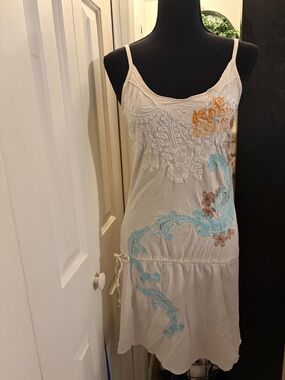 Johnny Was Cream Embroidered Tank Dress with Turquoise and Orange Accents